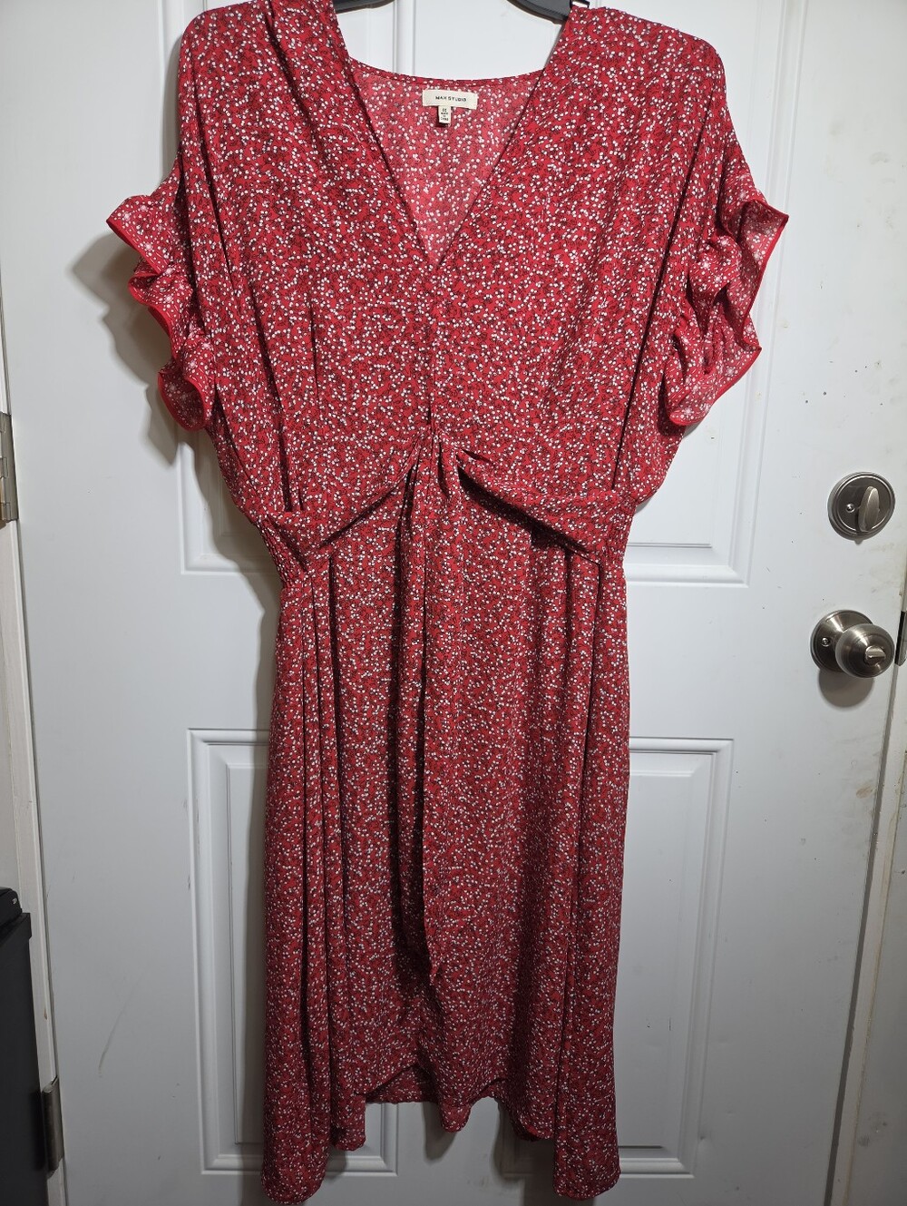 🌹 Max Studio Red Floral Berry Print Midi Dress 1X | Ruffle Sleeve Cottagecore ✨